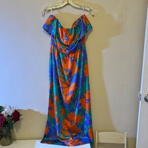 Glam Strapless Dress in Blue, Orange, and Green